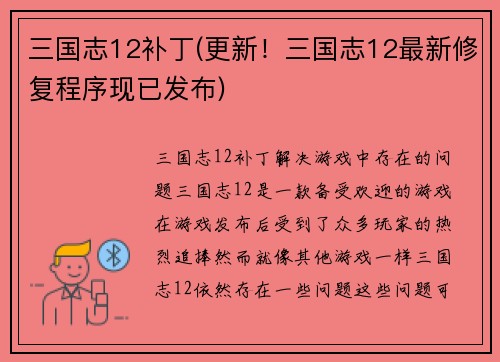 三国志12补丁(更新！三国志12最新修复程序现已发布)